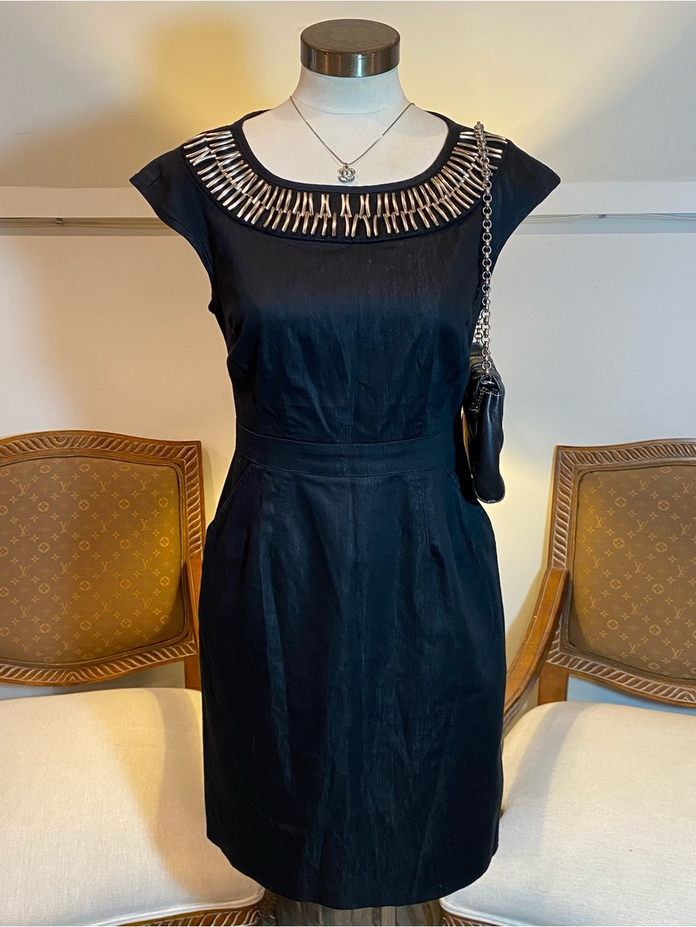 NW Collections Embellished Silver Collar Denim-Look Midi Dress Size 4 Navy